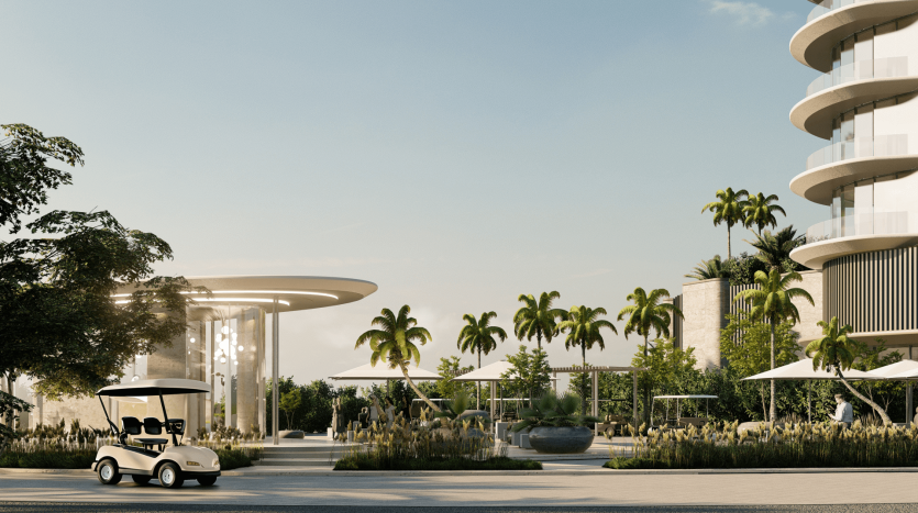 Une scène extérieure sereine mettant en vedette une voiturette de golf garée à côté de jardins luxuriants, avec des palmiers et des bâtiments contemporains et élégants sous un ciel clair au crépuscule à Dubaï.