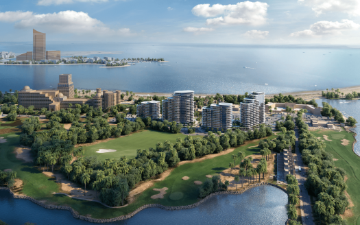 Vue aérienne d'un paysage urbain côtier comprenant des gratte-ciel modernes, des bâtiments résidentiels, un parcours de golf, une verdure luxuriante et une rivière sinueuse menant à l'océan. Découvrez cet immobilier à couper le souffle Dubaï