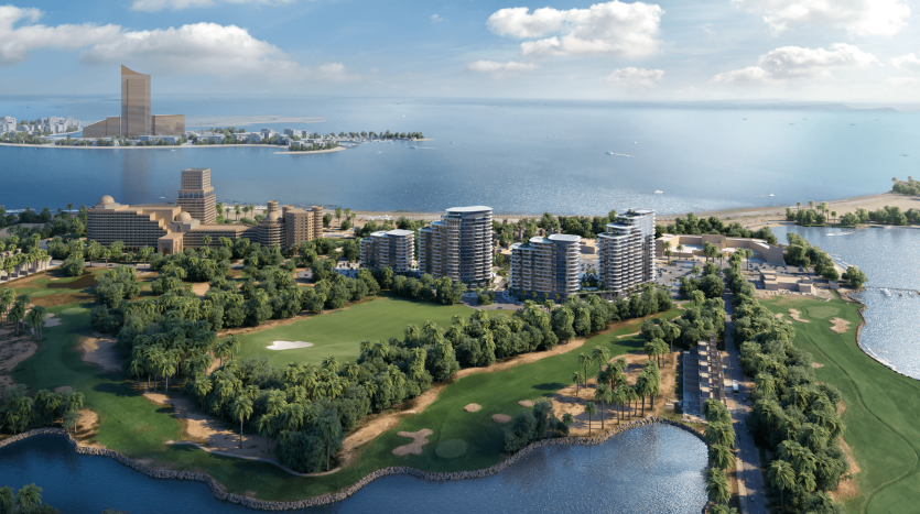 Vue aérienne d&#039;un paysage urbain côtier comprenant des gratte-ciel modernes, des bâtiments résidentiels, un parcours de golf, une verdure luxuriante et une rivière sinueuse menant à l&#039;océan. Découvrez cet immobilier à couper le souffle Dubaï