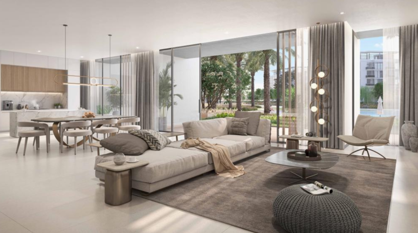 Salon moderne et luxueux dans une villa de Dubaï avec un grand canapé sectionnel, des baies vitrées donnant sur un jardin, un coin repas élégant et une décoration contemporaine. Ambiance lumineuse et aérée avec éclairage naturel.