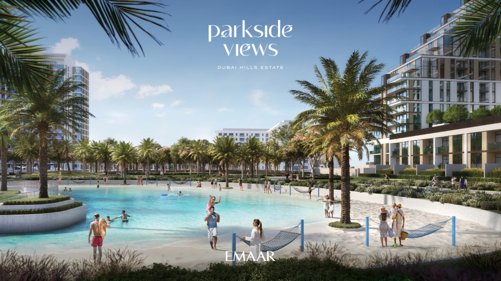 Représentation artistique de « vues au bord du parc » du Dubai Hills Estate, montrant des personnes profitant d&#039;une plage artificielle et d&#039;une piscine ensoleillées, bordées d&#039;immeubles de grande hauteur modernes et de villas luxueuses.