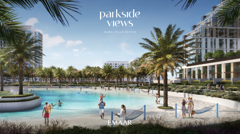 Représentation artistique de « vues au bord du parc » du Dubai Hills Estate, montrant des personnes profitant d&#039;une plage artificielle et d&#039;une piscine ensoleillées, bordées d&#039;immeubles de grande hauteur modernes et de villas luxueuses.