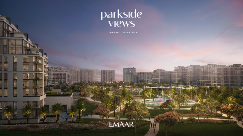 Image promotionnelle des vues sur le parc du Dubai Hills Estate, avec des bâtiments résidentiels modernes entourés d&#039;une verdure luxuriante avec une aire de jeux au centre, sous un ciel de coucher de soleil rose et bleu vif, présenté par un AG