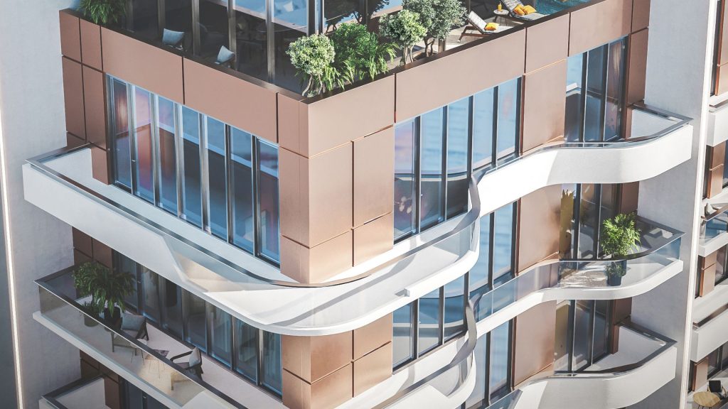 Une villa moderne à Dubaï dotée de balcons blancs incurvés superposés sur des fenêtres en verre réfléchissant, ponctués de panneaux de couleur cuivre, avec des plantes vertes visibles.