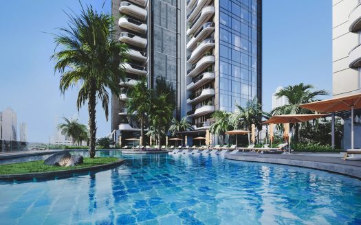 Un espace luxueux au bord de la piscine aux eaux cristallines, entouré de palmiers et d'appartements modernes de grande hauteur à Dubaï sous un ciel bleu clair.