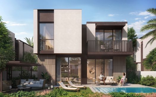 Maison moderne à deux étages avec de grandes fenêtres, des balcons et une piscine où un couple se détend, entouré de verdure luxuriante et de meubles de patio sous un ciel dégagé à Dubaï.