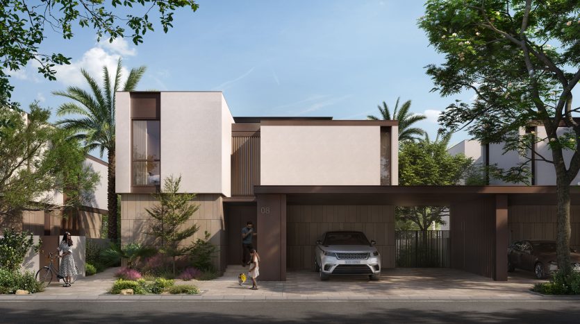 Villa moderne à Dubaï avec un design élégant, avec des tons beiges sourds, de grandes fenêtres et un abri couvert pour deux voitures. Des arbres et des plantes luxuriantes rehaussent le cadre résidentiel serein, avec deux personnes