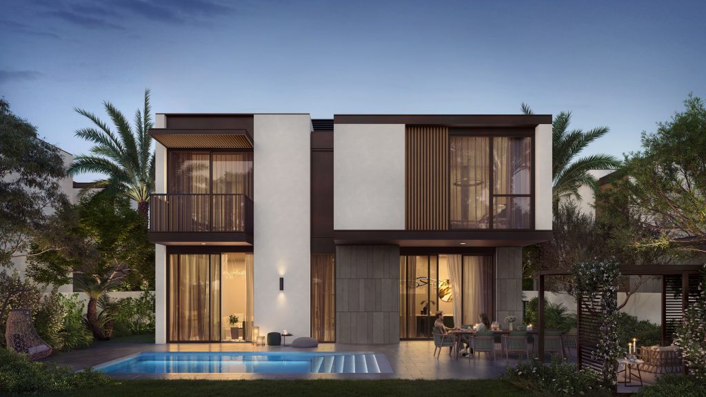 Une maison moderne de deux étages à Dubaï éclairée au crépuscule, dotée d'un balcon, de grandes fenêtres, d'une piscine entourée de palmiers luxuriants et d'un patio confortable.