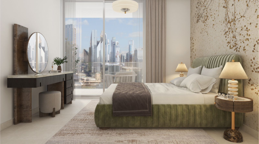 Une chambre élégante dans une villa de Dubaï comprenant un lit vert avec une literie moelleuse, une coiffeuse moderne et une grande fenêtre offrant une vue sur les toits de la ville. Les accents comprennent un tapis à motifs et un papier peint artistique