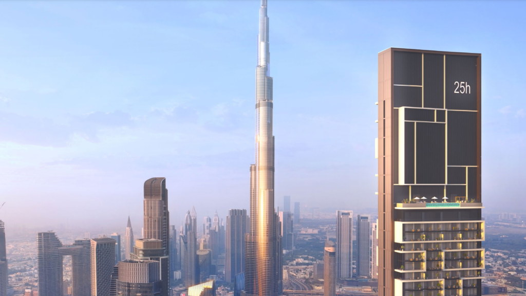 Vue aérienne d&#039;un horizon de ville moderne au lever du soleil, mettant en vedette le grand et élancé Burj Khalifa et plusieurs autres gratte-ciel sous un ciel doux et doré, mettant en valeur les offres immobilières de premier ordre de Dubaï