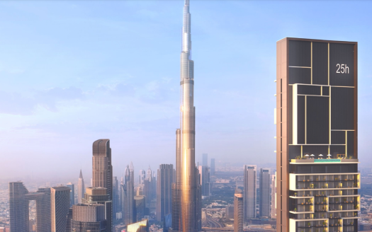 Vue aérienne d&#039;un horizon de ville moderne au lever du soleil, mettant en vedette le grand et élancé Burj Khalifa et plusieurs autres gratte-ciel sous un ciel doux et doré, mettant en valeur les offres immobilières de premier ordre de Dubaï
