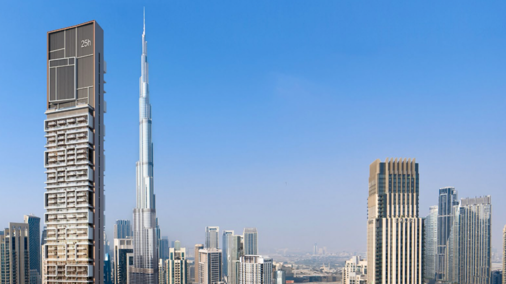 Vue panoramique sur les toits de Dubaï, avec le Burj Khalifa parmi d&#039;autres gratte-ciel sous un ciel bleu clair, mettant en valeur l&#039;éminent Dubaï.
