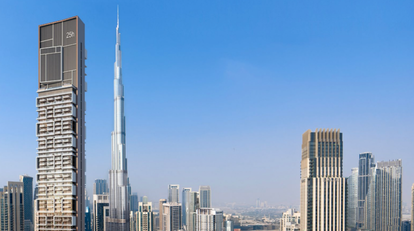 Vue panoramique sur les toits de Dubaï, avec le Burj Khalifa parmi d&#039;autres gratte-ciel sous un ciel bleu clair, mettant en valeur l&#039;éminent Dubaï.
