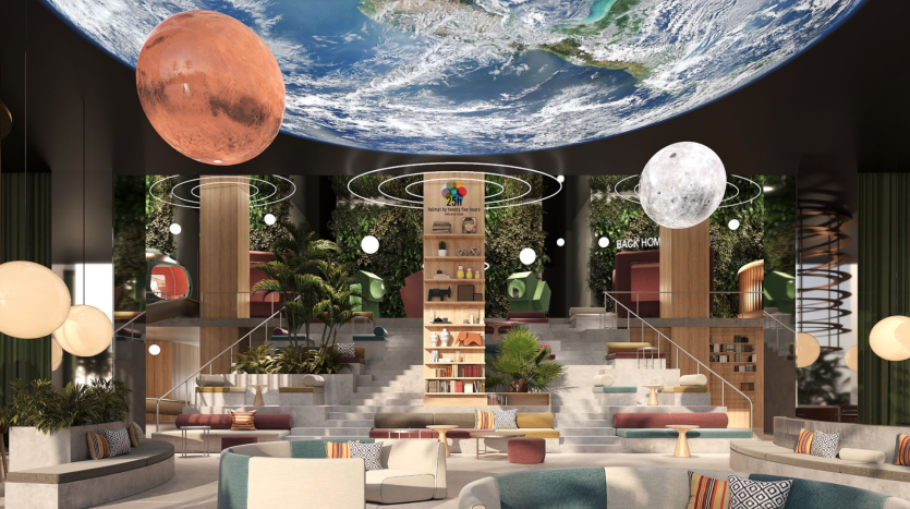 Une bibliothèque futuriste avec de grandes expositions planétaires au plafond, représentant la terre et les lunes dans une verdure luxuriante avec des meubles et des étagères modernes, ressemblant à une villa de Dubaï.