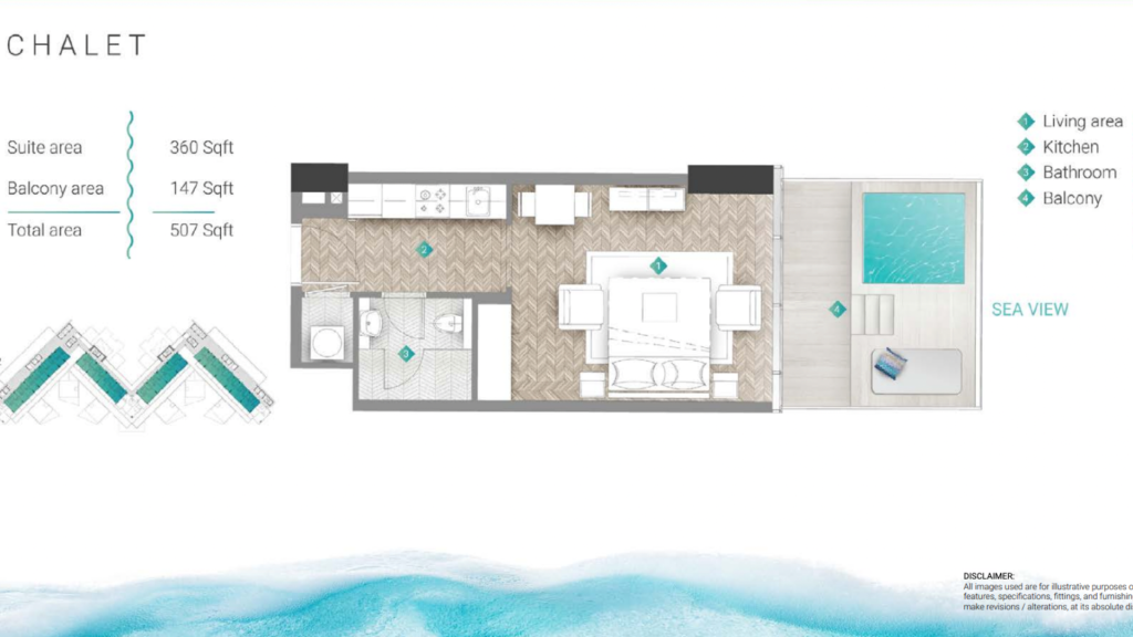 Plan d&#039;étage d&#039;une villa à Dubaï comprenant une chambre, une salle de bains, une cuisine, un salon et un balcon donnant sur la mer avec une clause de non-responsabilité en bas.