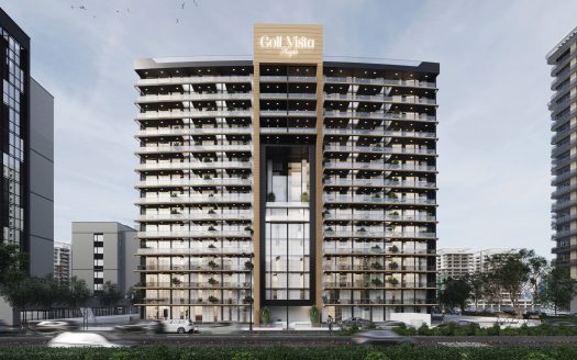 Un immeuble moderne de grande hauteur nommé &quot;Golf Vista&quot; avec une façade en verre, entouré d&#039;autres immeubles de grande hauteur et des voitures sur une allée incurvée dans un environnement urbain bien aménagé à Dubaï.