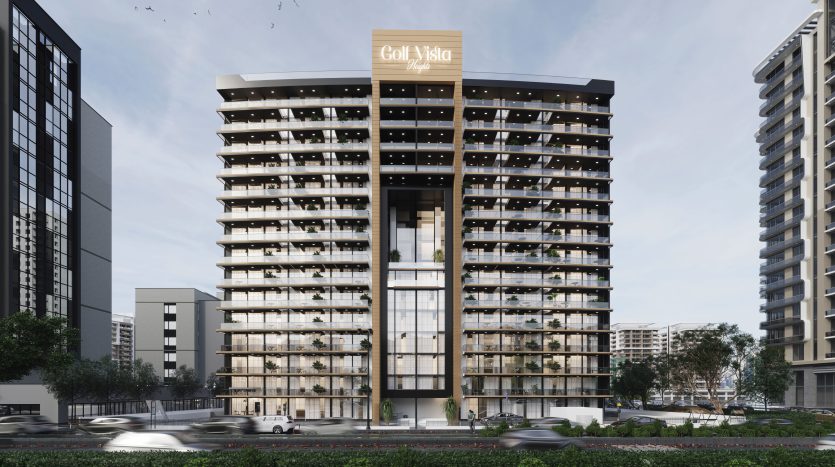Un immeuble moderne de grande hauteur nommé &quot;Golf Vista&quot; avec une façade en verre, entouré d&#039;autres immeubles de grande hauteur et des voitures sur une allée incurvée dans un environnement urbain bien aménagé à Dubaï.