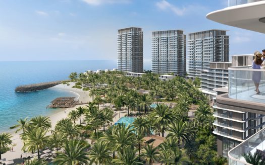 Illustration luxueuse d'un complexe hôtelier en bord de mer présentant des immeubles de grande hauteur modernes, un paysage de palmiers luxuriants et des personnes bénéficiant d'une vue sur le balcon d'un appartement donnant sur une plage sereine et l'océan à Dubaï.