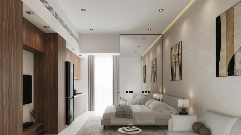 Conception de chambre moderne dans une villa de Dubaï comprenant un grand lit avec une literie blanche, des accents en bois sur les murs, des œuvres d&#039;art minimalistes et un éclairage tamisé, créant une atmosphère sereine.