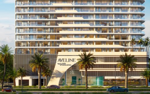 Rendu d&#039;un bâtiment moderne à plusieurs étages nommé Aveline, avec des étages résidentiels au-dessus d&#039;un espace commercial au rez-de-chaussée, entouré de palmiers sous un ciel dégagé à Dubaï.