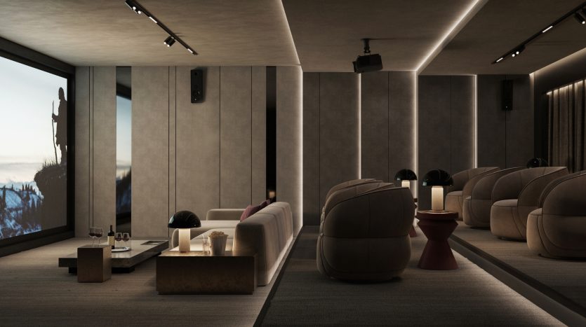Luxueuse villa à Dubaï dotée d&#039;un home cinéma doté d&#039;un grand écran affichant une vue panoramique, entouré de canapés circulaires moelleux et d&#039;une décoration minimaliste sous un éclairage chaud et tamisé.