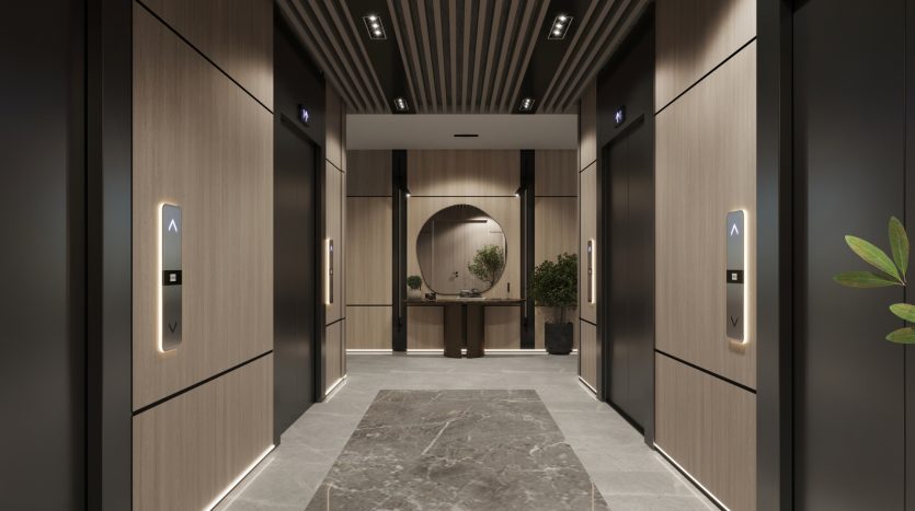 Hall d&#039;ascenseur moderne dans un prestigieux appartement de Dubaï, avec des murs en bois élégants et des sols en marbre, éclairé par un éclairage élégant au plafond et au sol. Deux portes d&#039;ascenseur sont visibles avec des indicateurs allumés, menant à une circulaire réfléchissante