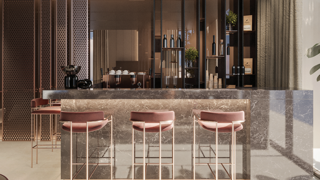 Intérieur de bar moderne et élégant comprenant un comptoir en marbre poli avec trois tabourets de bar en velours rose, des accents en bois et un décor sophistiqué sous un éclairage tamisé dans une villa de luxe de Dubaï.