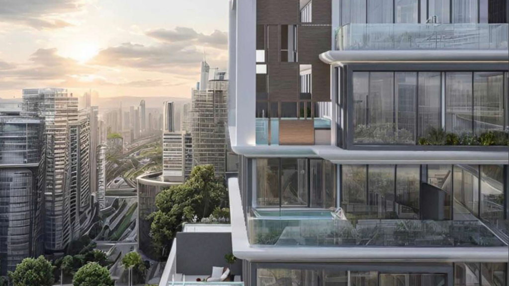 Une ligne d&#039;horizon futuriste au coucher du soleil à Dubaï, avec des immeubles de grande hauteur avec une verdure abondante et une architecture moderne, y compris des balcons visibles et une piscine sur le toit.