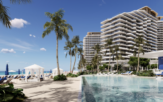 Un complexe luxueux en bord de mer avec une grande piscine, entouré de palmiers et d'immeubles modernes de grande hauteur sous un ciel bleu clair, parfait pour investir à Dubaï.