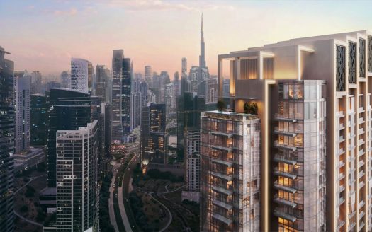 Une vue sur le paysage urbain au coucher du soleil avec des gratte-ciel modernes avec un bâtiment important éclairé par un éclairage doré au premier plan, positionné comme une opportunité d'investissement idéale à Dubaï. Le ciel est peint dans des tons de rose et de bleu
