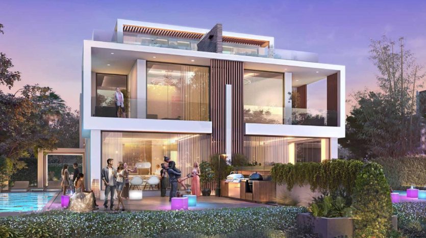 Une villa moderne de deux étages à Dubaï avec un toit-terrasse doté de grandes fenêtres et d&#039;une piscine extérieure où plusieurs personnes discutent lors d&#039;une soirée.
