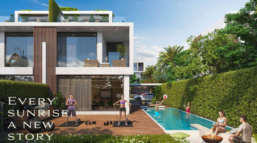 Villa moderne de deux étages à Dubaï avec un jardin sur le toit et de larges fenêtres, comprenant une cour arrière avec une piscine, des gens faisant de l&#039;exercice et se prélassant au bord de l&#039;eau, entourée d&#039;une verdure luxuriante. Texte