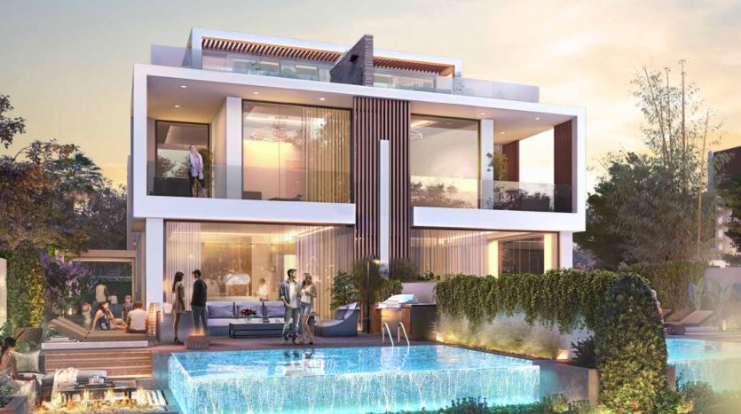 Villa moderne et luxueuse à Dubaï avec de grandes fenêtres en verre, avec plusieurs balcons, un toit et une piscine avec des gens socialisant au crépuscule.