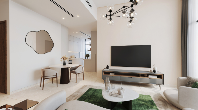 Salon moderne conçu pour un immeuble d&#039;investissement à Dubaï, doté d&#039;une grande télévision, d&#039;un mobilier élégant et d&#039;un tapis vert. Cet espace comprend un plafonnier unique et des éléments de décoration minimalistes dans un espace spacieux et