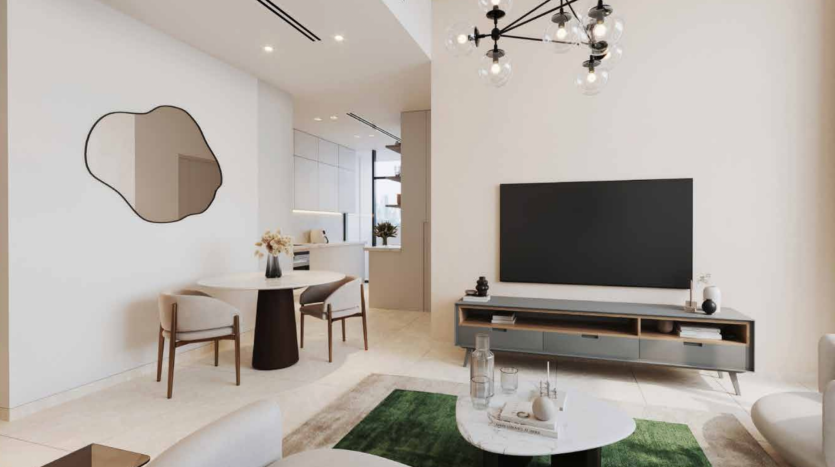Salon moderne au design minimaliste dans une villa de Dubaï, avec une palette de couleurs neutres, un mobilier élégant, une télévision à écran plat et un éclairage décoratif. Un petit coin repas est visible en arrière-plan.