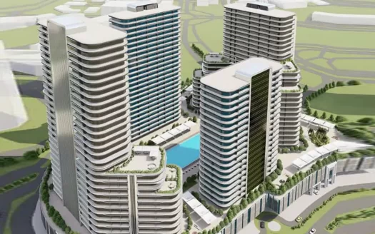 Rendu architectural d'un complexe résidentiel moderne à Dubaï comprenant des tours incurvées avec balcons, entourées d'espaces verts et d'une piscine centrale.