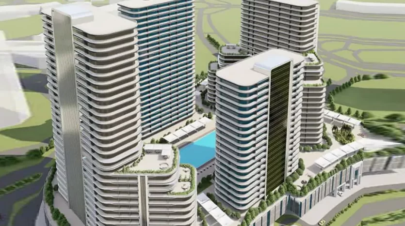 Rendu architectural d&#039;un complexe résidentiel moderne à Dubaï comprenant des tours incurvées avec balcons, entourées d&#039;espaces verts et d&#039;une piscine centrale.