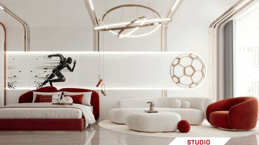 Salon moderne et élégant dans un luxueux appartement de Dubaï avec une palette de couleurs rouge et blanche, avec des meubles élégants, des luminaires circulaires et des œuvres d&#039;art murales uniques.