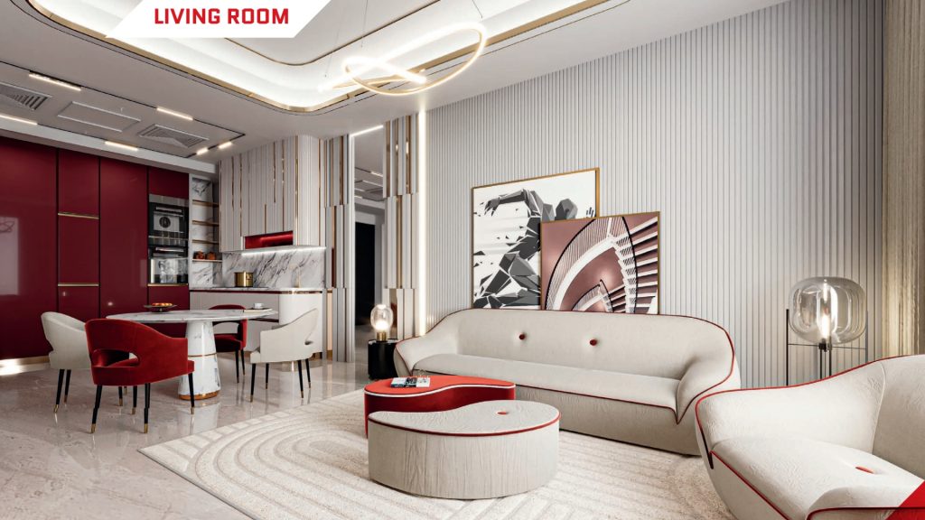 Salon élégant dans une villa de Dubaï au design moderne comprenant un canapé blanc, des chaises rouges, un bureau en marbre et des armoires rouges éclatantes. Des œuvres d'art contemporaines et un éclairage élégant complètent cet espace sophistiqué.