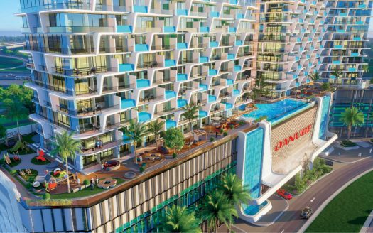 Un appartement de grande hauteur dynamique et moderne doté de grands balcons, d'un espace piscine coloré et d'un aménagement paysager luxuriant, situé à côté d'une route ensoleillée et d'espaces verts.