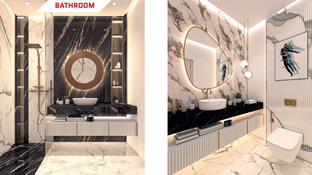 Deux salles de bains modernes dans un appartement de Dubaï avec des murs et des sols en marbre et des luminaires élégants. La gauche a un miroir rond et une vanité noire, tandis que la droite comporte un miroir ovale et des luminaires blancs avec un motif décoratif.