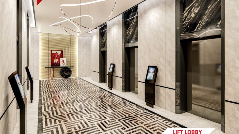 Un hall d&#039;ascenseur moderne et élégant dans une villa de Dubaï avec deux ascenseurs, un éclairage décoratif, un sol à motifs et des écrans d&#039;annuaire numérique sur un mur en marbre, étiqueté « hall d&#039;ascenseur ».