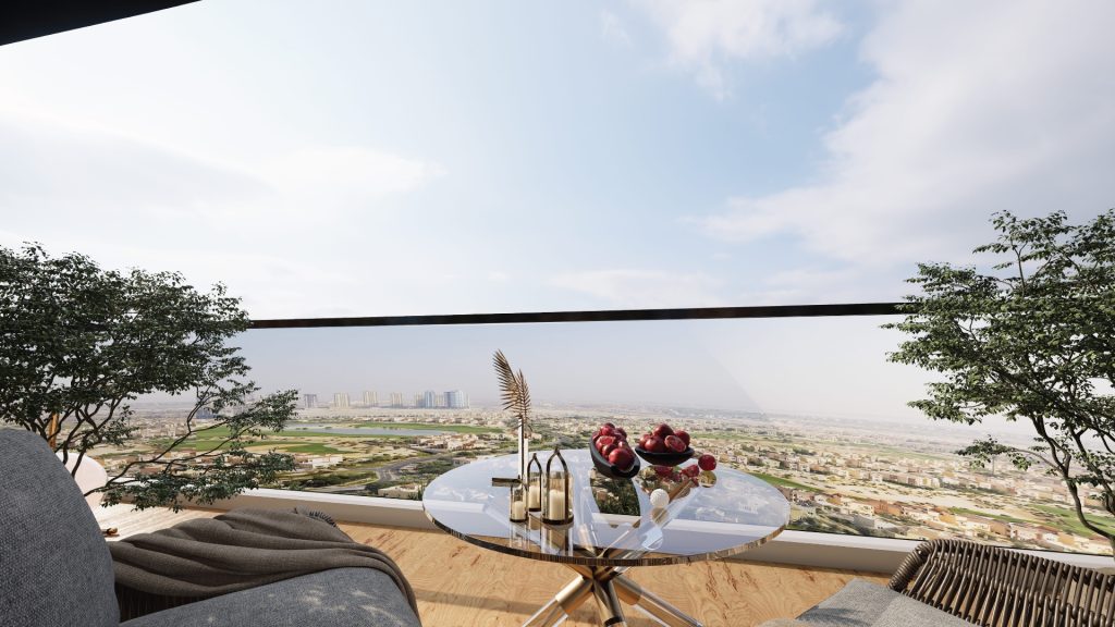 Un balcon luxueux doté d&#039;une petite table ronde dressée avec du vin et des fruits, surplombant un vaste paysage urbain sous un ciel dégagé. Des sièges confortables et une verdure luxuriante rehaussent le cadre extérieur serein, idéal pour de vrai