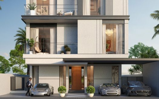 Une villa moderne de deux étages à Dubaï avec un toit plat, de grandes fenêtres, un balcon et une entrée élégante. Deux voitures de luxe sont garées devant et un homme en costume se tient à côté de l'une d'entre elles.