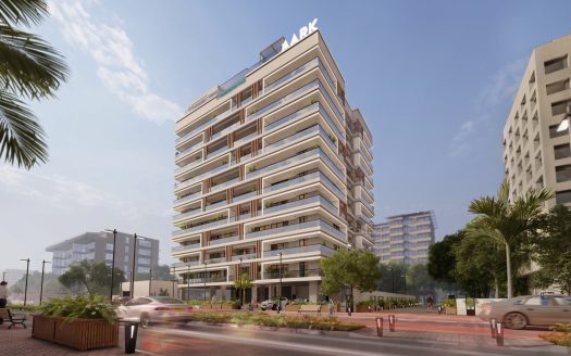 Rendu 3D d'un bâtiment moderne à plusieurs étages avec des balcons et un grand panneau sur le dessus indiquant "APX", situé dans un paysage urbain avec des arbres, des voitures qui passent et des piétons à Dubaï.