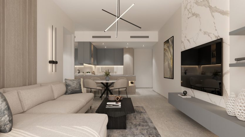 Un salon moderne et ouvert au design minimaliste, comprenant un coin salon confortable, une cuisine élégante et un espace salle à manger élégant. Tons neutres et matériaux naturels dominent la décoration de cette villa à Dubaï