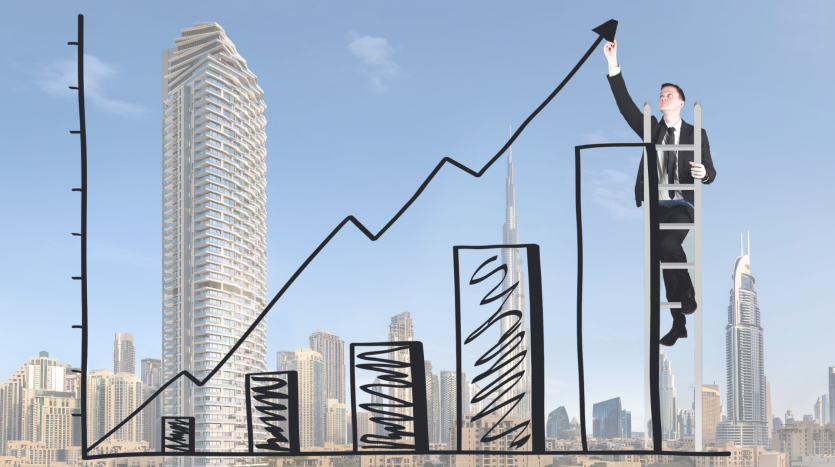 Un homme d&#039;affaires en costume grimpe sur une échelle à côté d&#039;un grand graphique linéaire ascendant superposé sur les toits de la ville de Dubaï, symbolisant la croissance financière ou le succès de l&#039;immobilier de Dubaï.