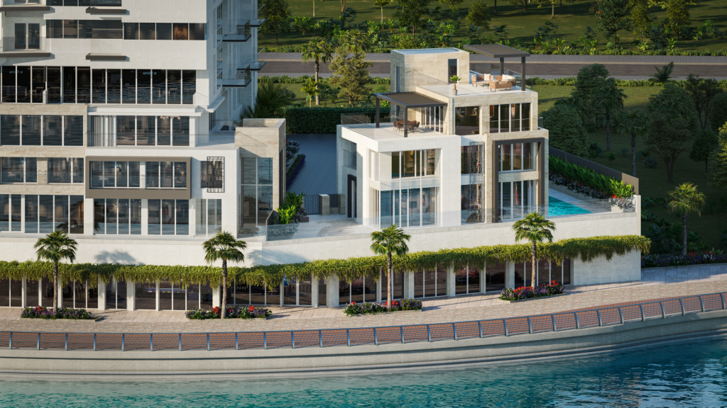 Luxueux appartement de plusieurs étages en bord de mer à Dubaï avec balcons, entouré d'une verdure luxuriante et d'une piscine bleu clair, sous un cadre lumineux à la lumière du jour.