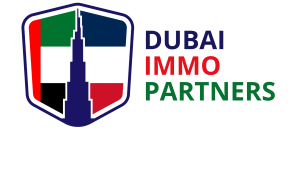 Logo de « agence immobilière dubai partenaires » comportant un bouclier divisé en quatre sections aux couleurs vert, rouge, bleu et gris, et un bâtiment stylisé au centre.