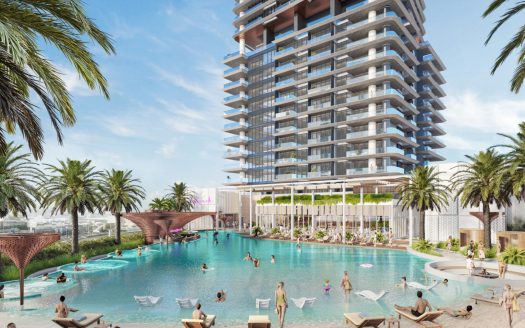 Piscine moderne et luxueuse de style complexe avec des gens nageant et se prélassant sous des palmiers, adjacente à une villa à Dubaï avec un grand bâtiment contemporain de plusieurs étages en arrière-plan.